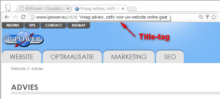 Title-tag, plaats in de browser - iPower