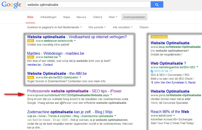 Zoekmachine optimalisate - voorbeeld voor website optimalisatie door iPower nv - Google