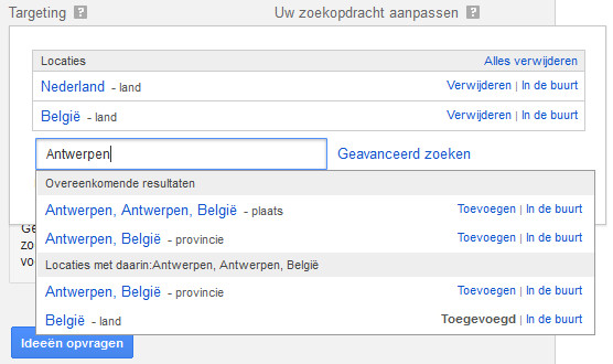 iPower nv - Hoger in Google - Zoekwoordenplanner - targeting locatie